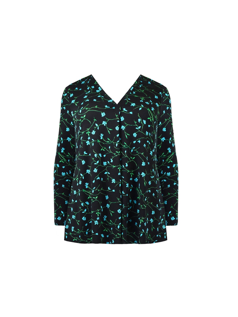 Blue Ditsy Print Jersey Pleat Front Top