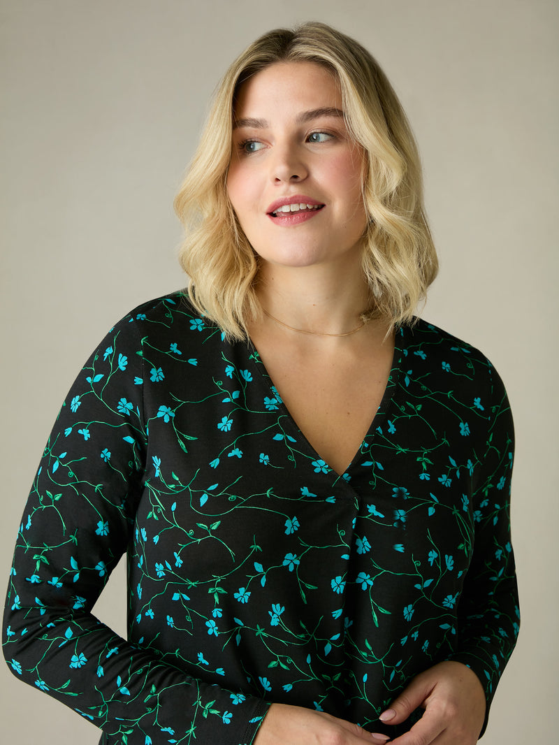 Blue Ditsy Print Jersey Pleat Front Top