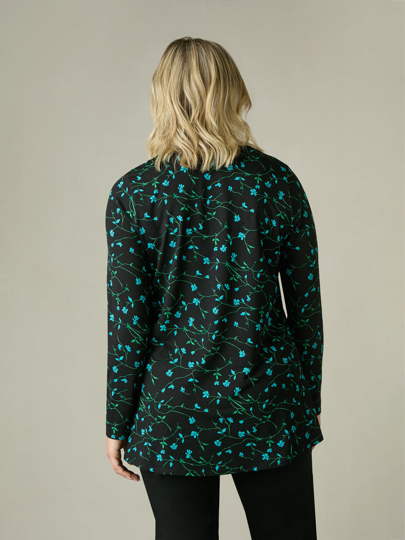 Blue Ditsy Print Jersey Pleat Front Top
