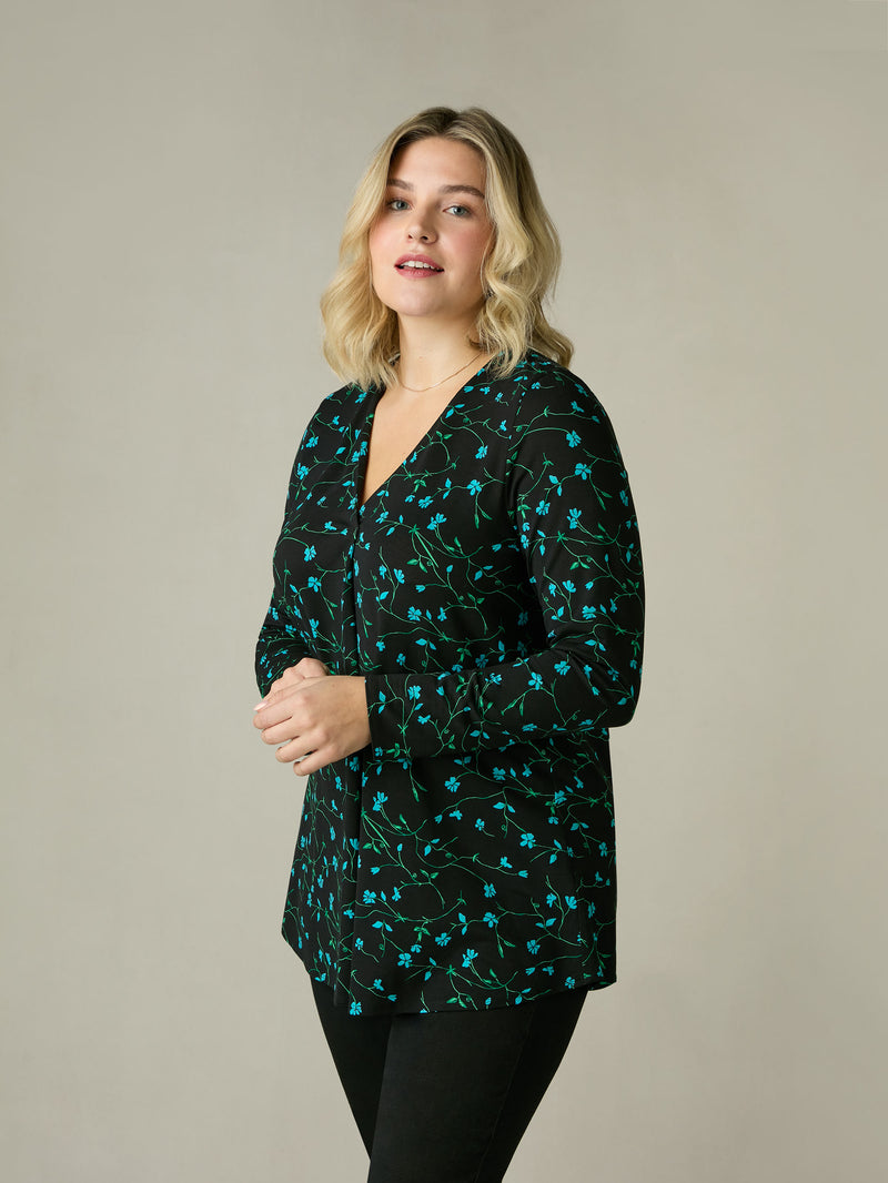 Blue Ditsy Print Jersey Pleat Front Top