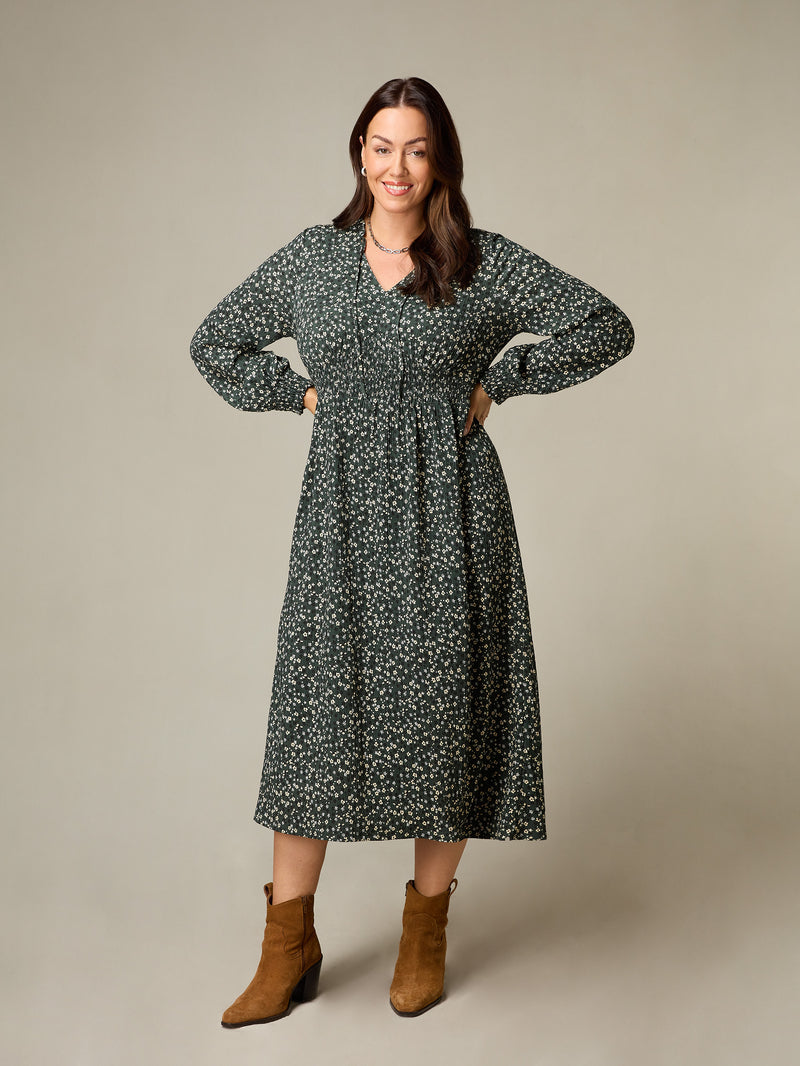 Petite Green Ditsy Jersey Shirred Waist Dress