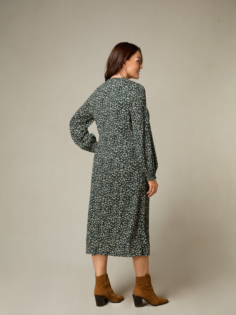 Petite Green Ditsy Jersey Shirred Waist Dress