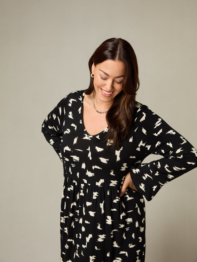 Petite Mono Smudge Print Jersey Midi Dress
