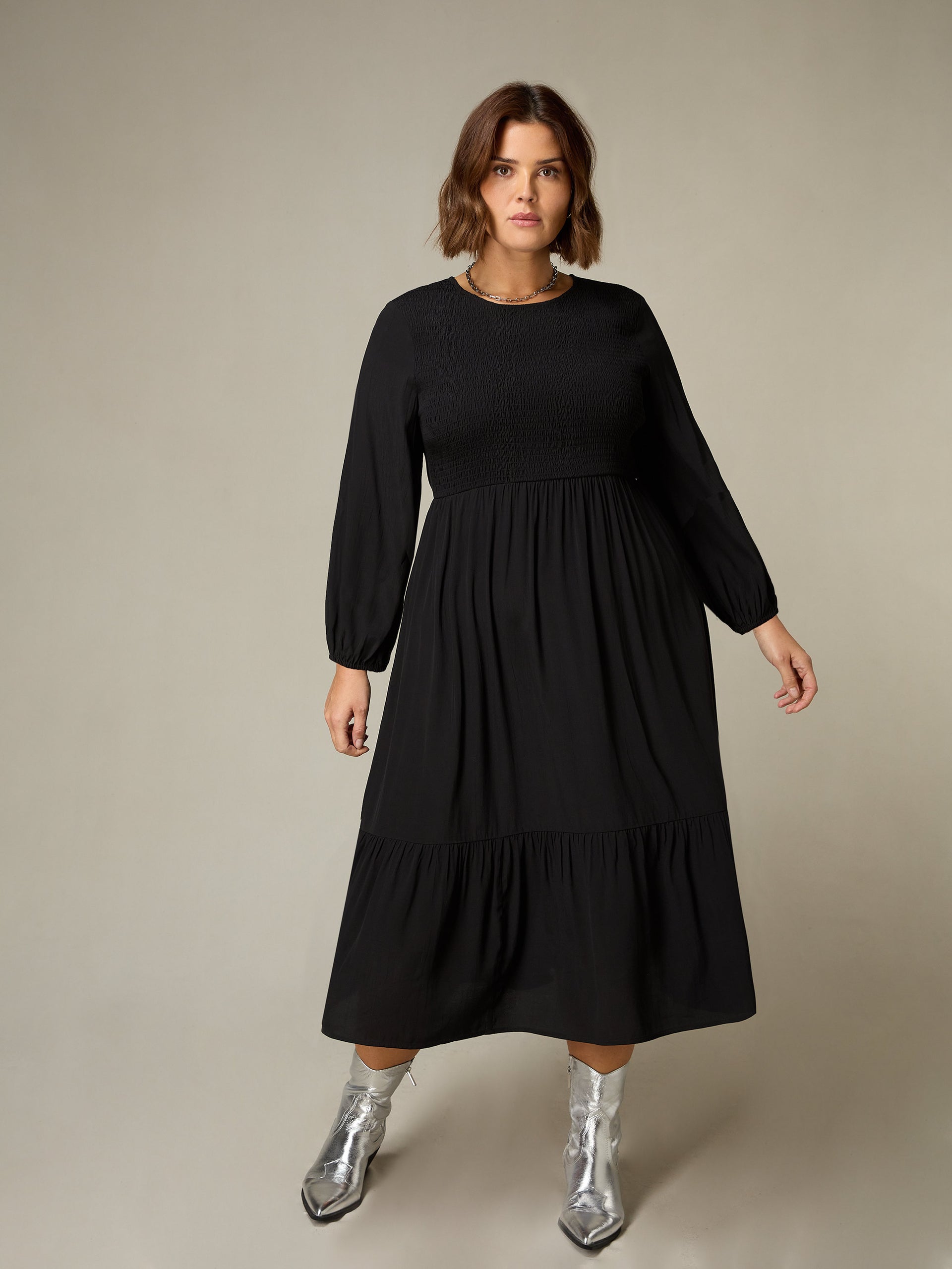 Black Shirred Front Midi Dress
