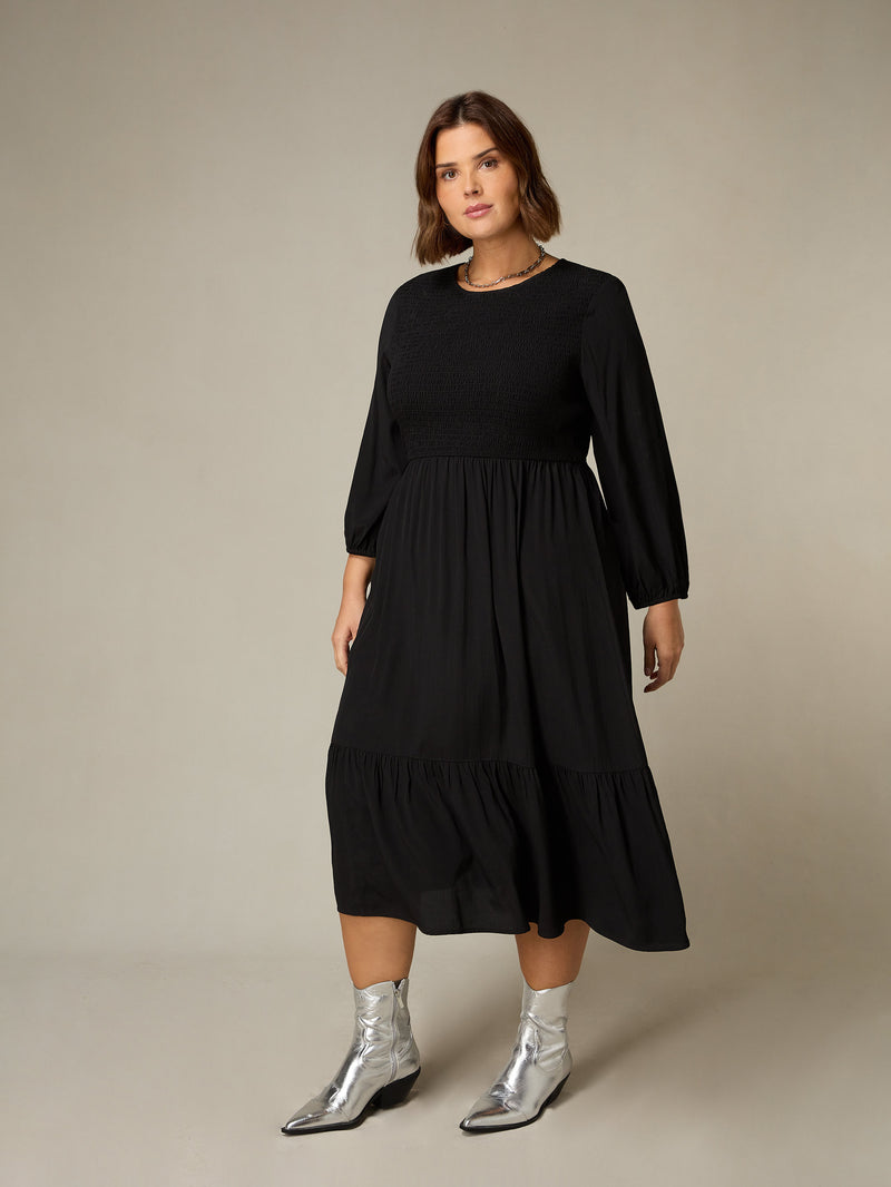 Black Shirred Front Midi Dress