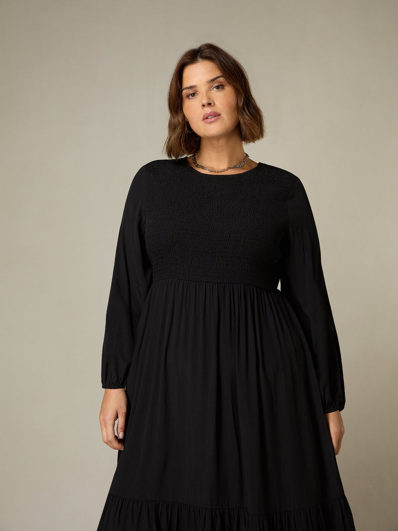 Black Shirred Front Midi Dress