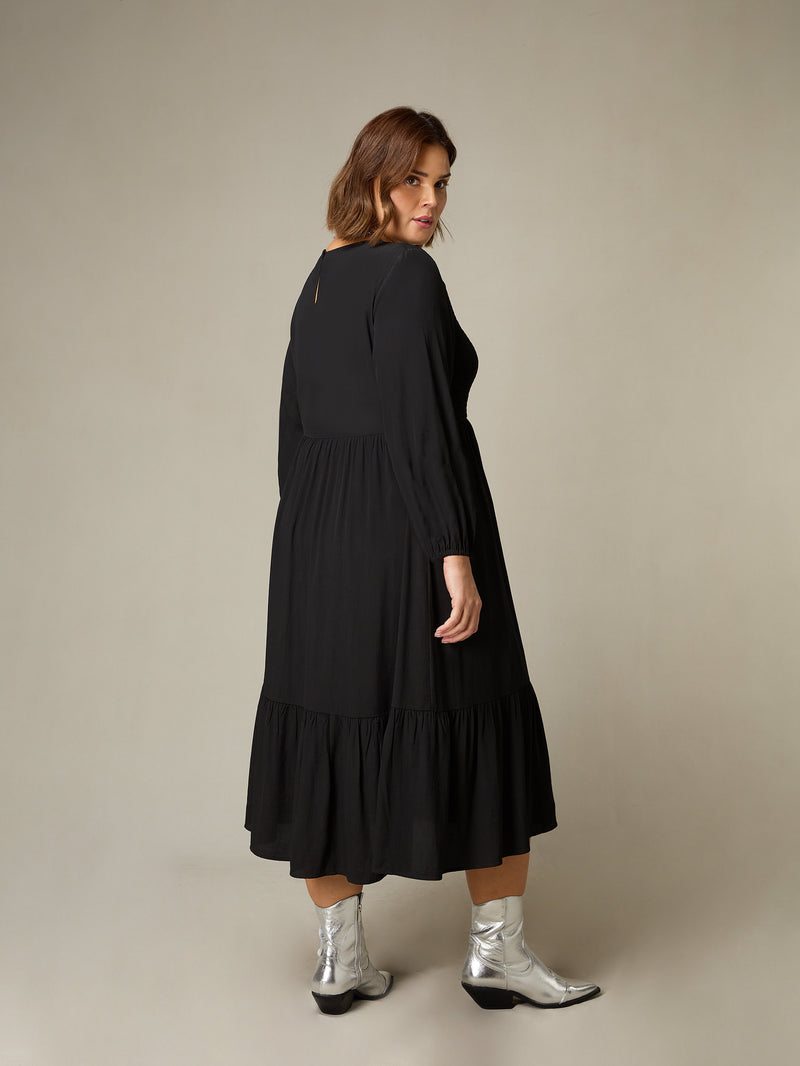 Black Shirred Front Midi Dress