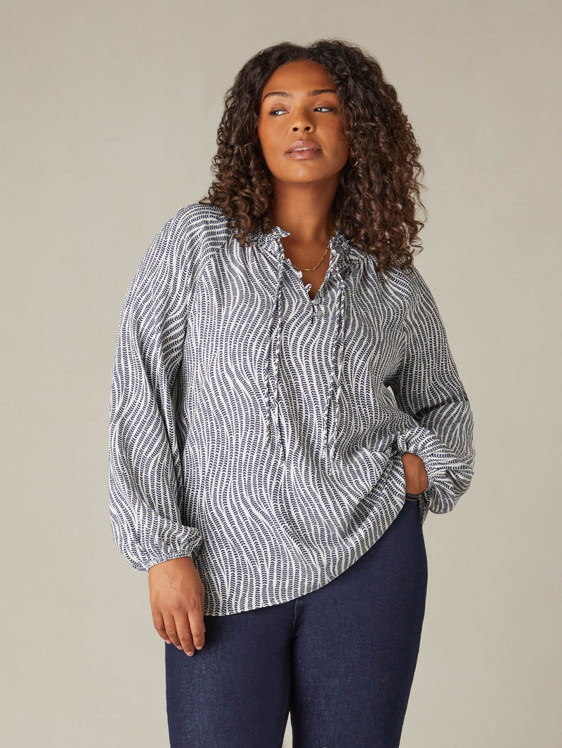 Grey Leaf Print Shirred Neck Blouse