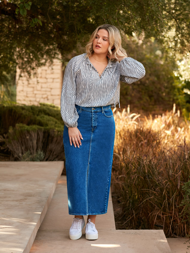 Grey Leaf Print Shirred Neck Blouse
