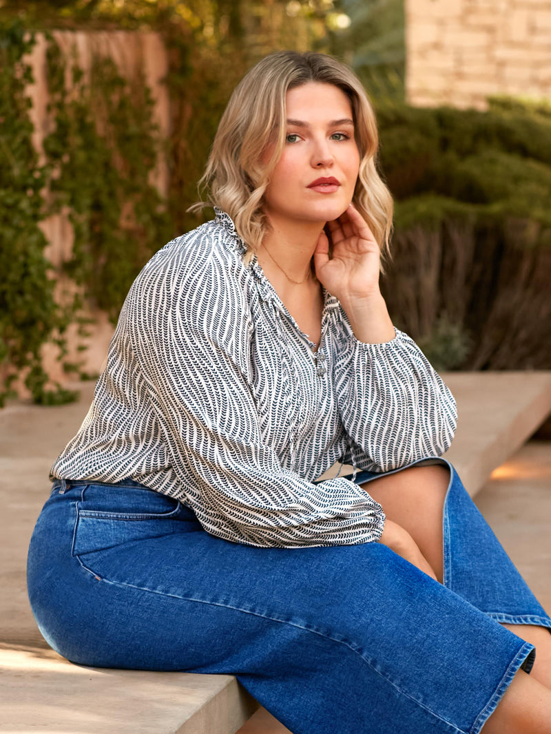 Grey Leaf Print Shirred Neck Blouse