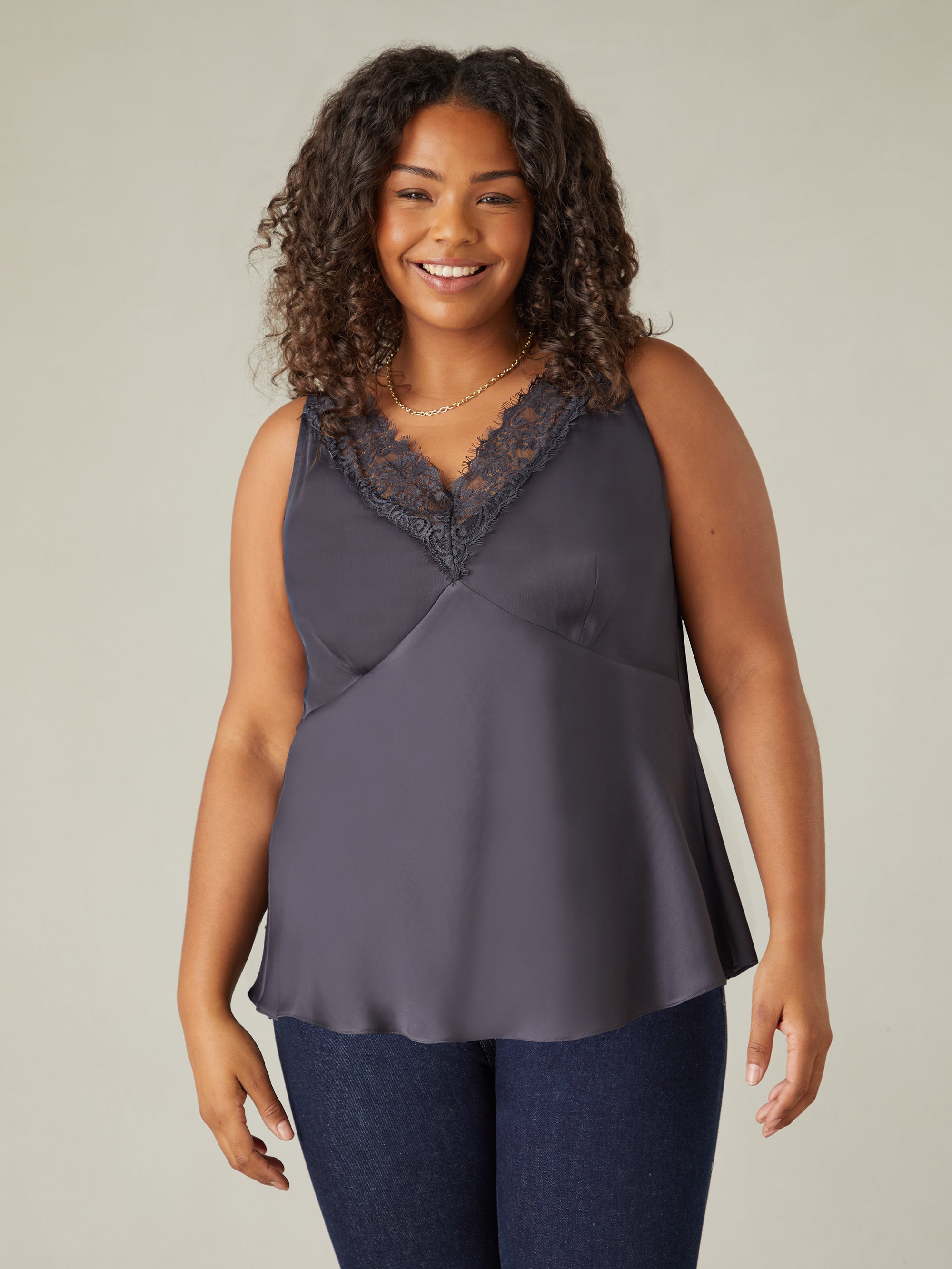 Charcoal Satin Lace Cami - Main Image