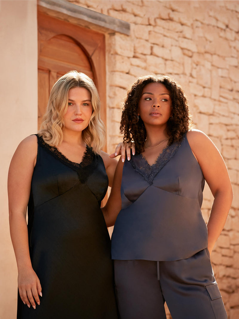 Black Satin Lace Slip Dress