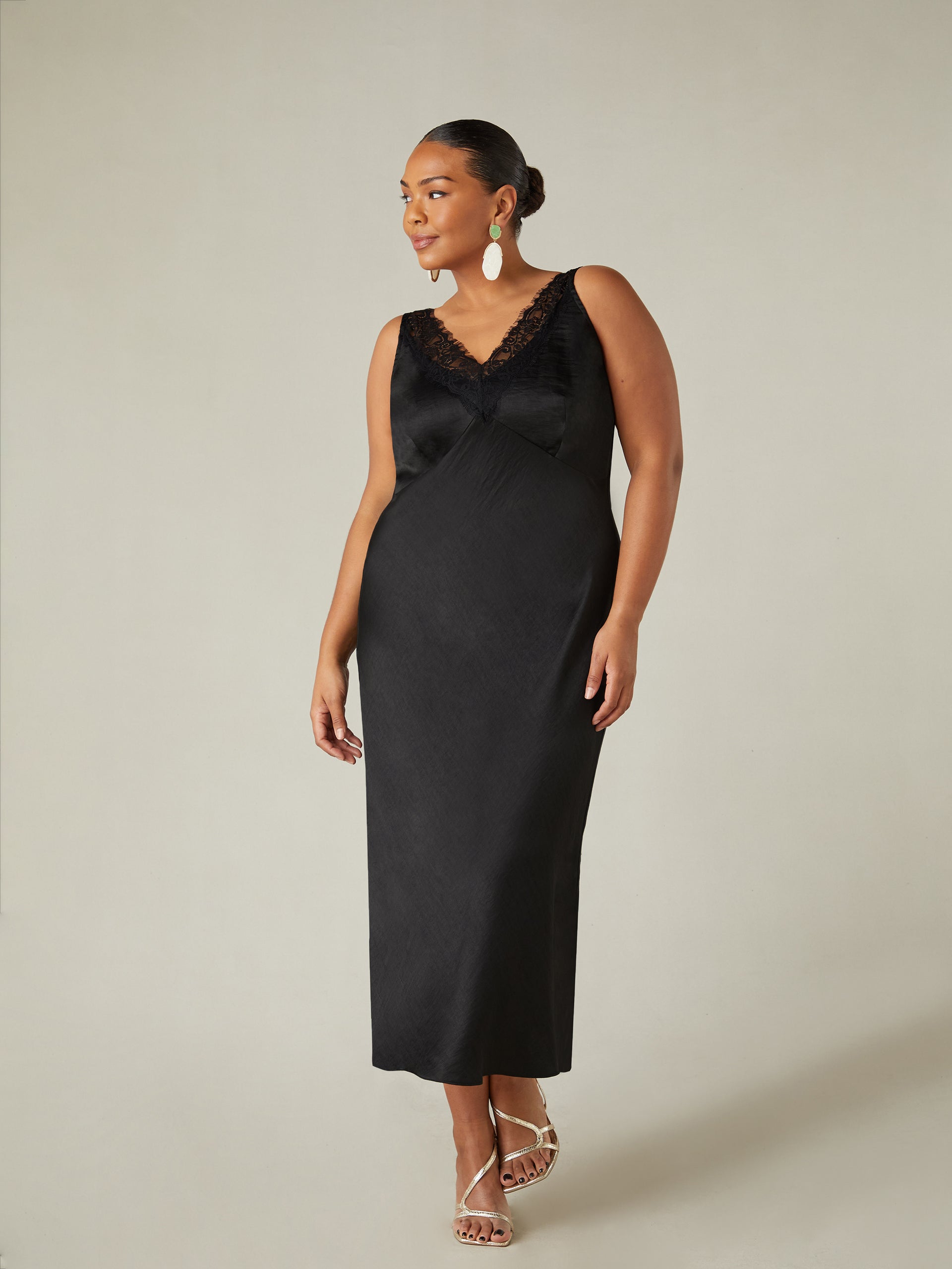 Square Neck Pintuck Trim Lace Up Back Satin Slip Maxi Dress - Black