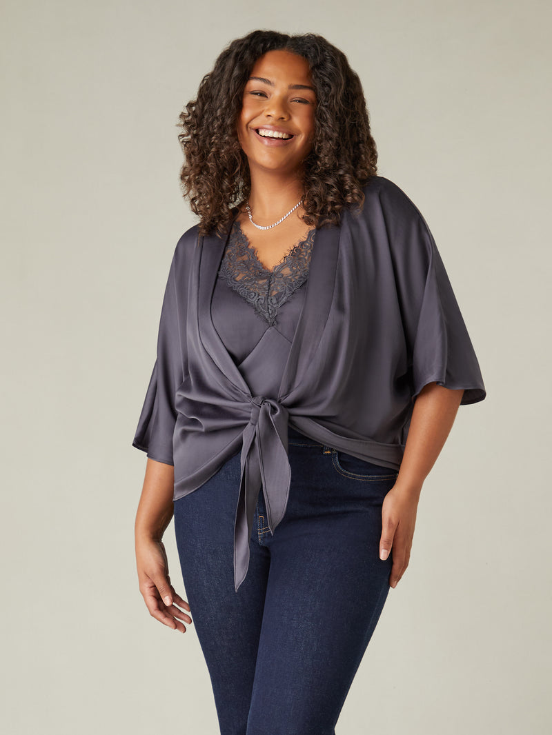 Charcoal Satin Tie Front Cover Up