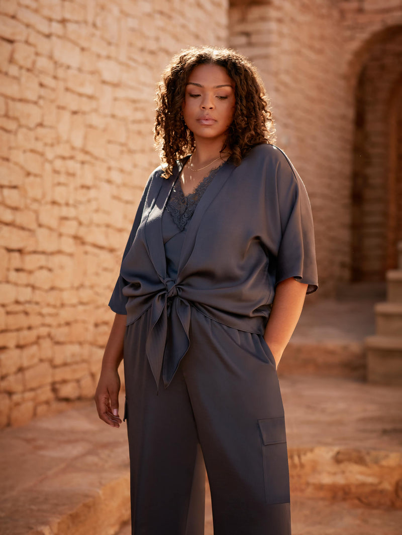 Charcoal Satin Tie Front Cover Up
