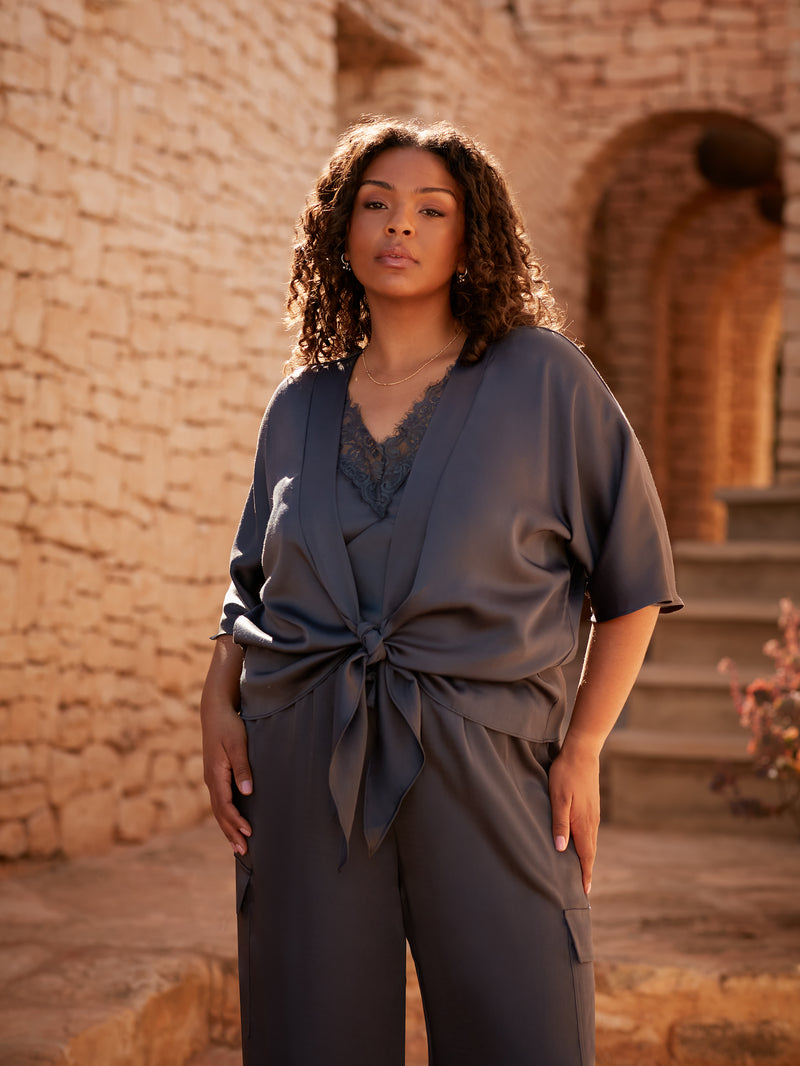 Charcoal Satin Cargo Trousers