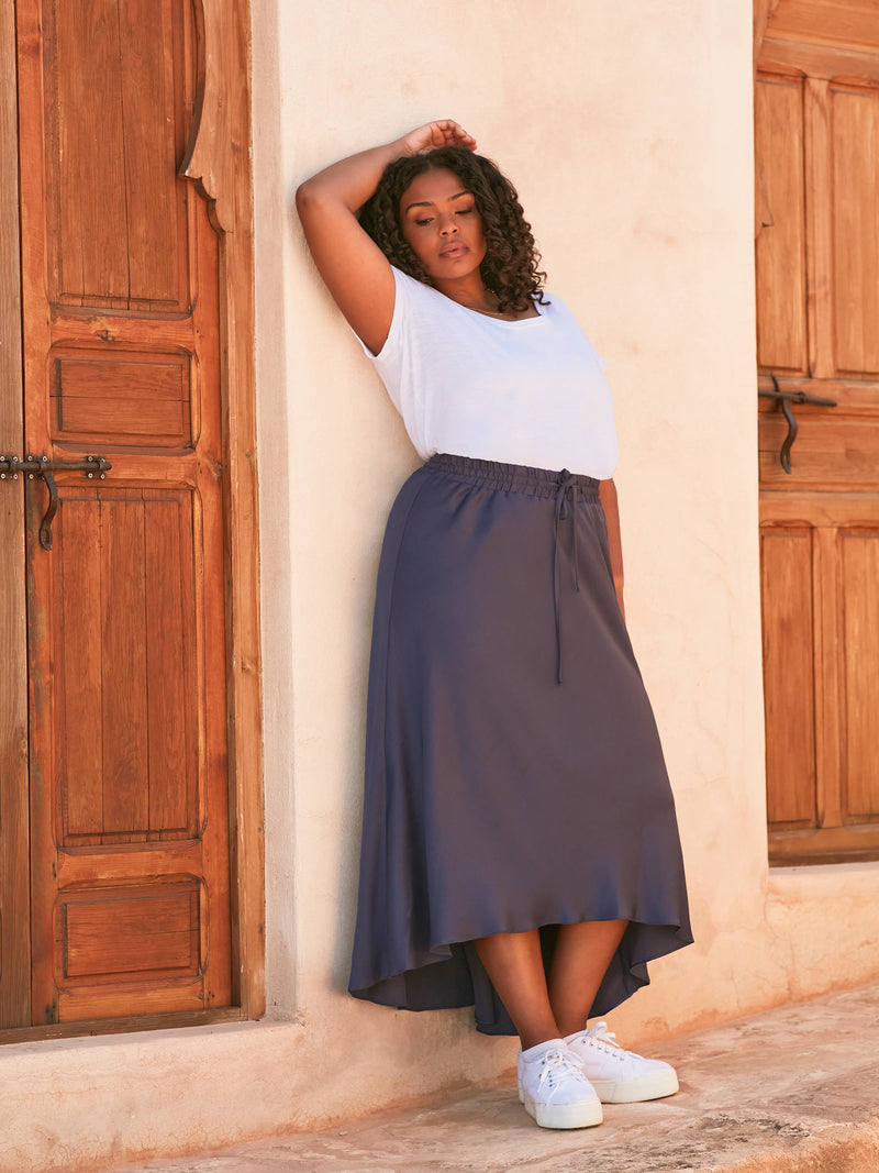 Charcoal Satin High Low Skirt