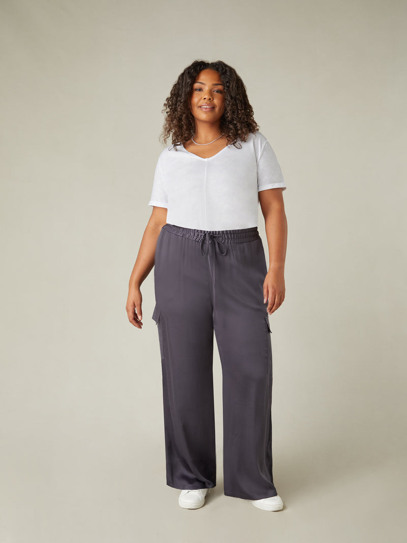 Charcoal Satin Cargo Trousers