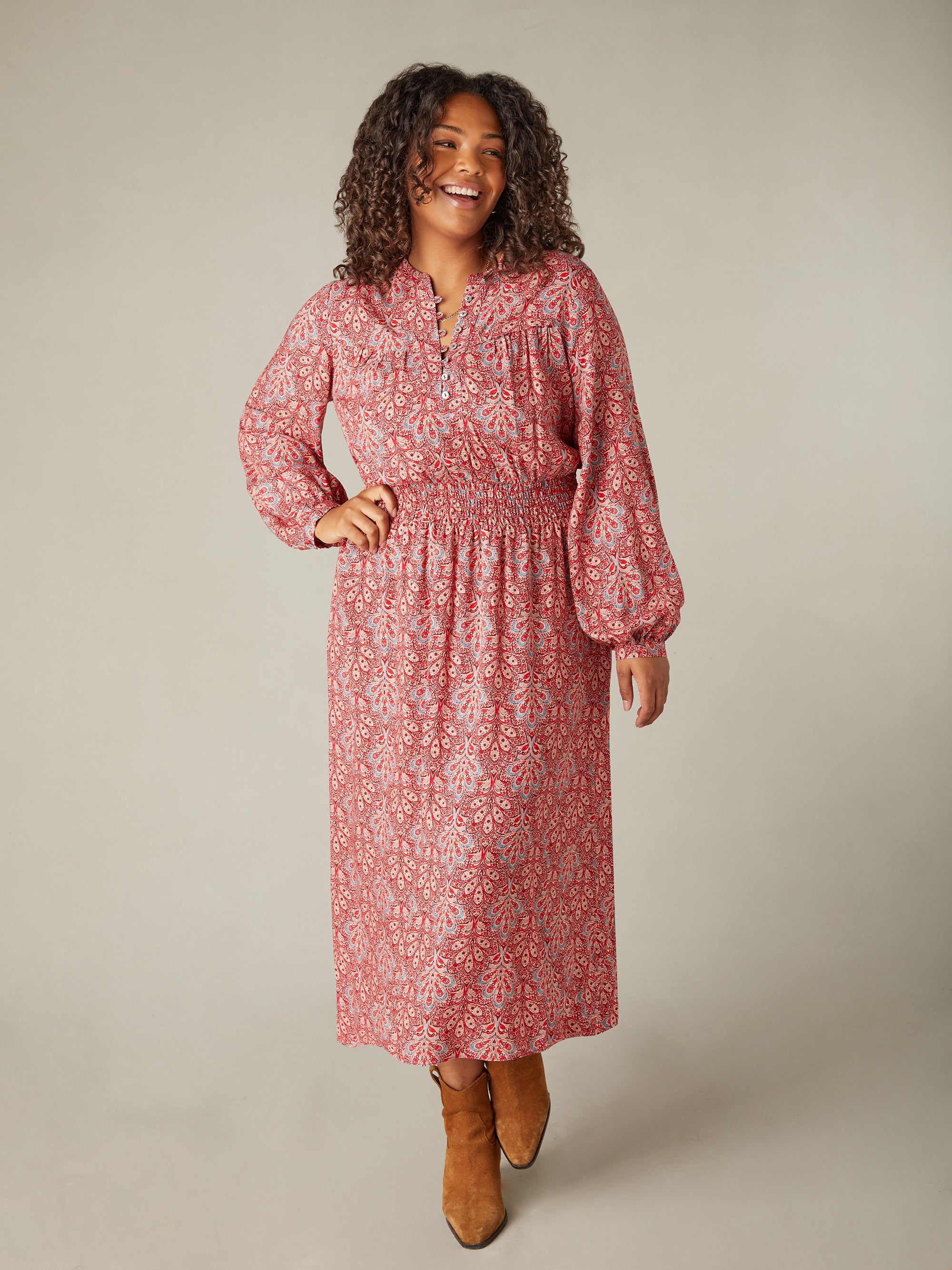 red paisley dress Red Paisley Shirred Waist Midaxi Dress