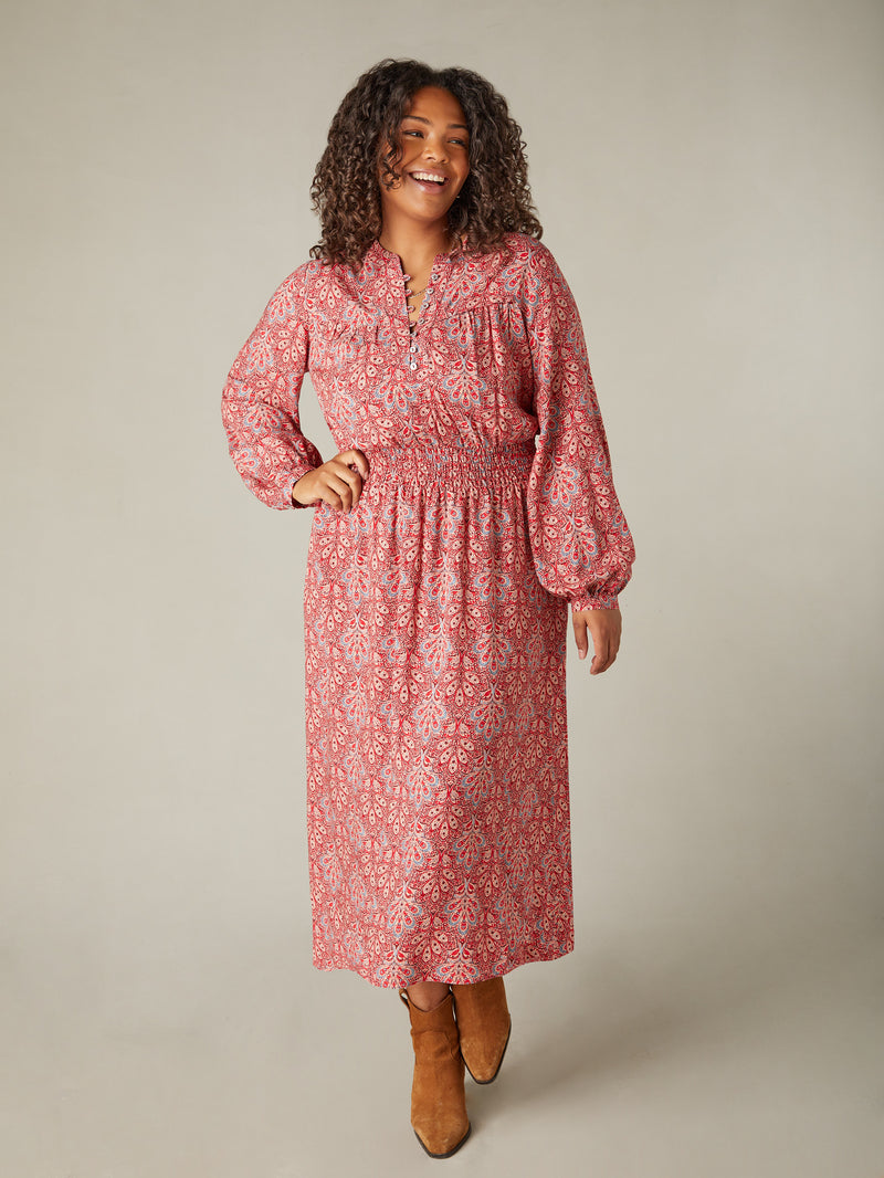 Red Paisley Shirred Waist Midaxi Dress