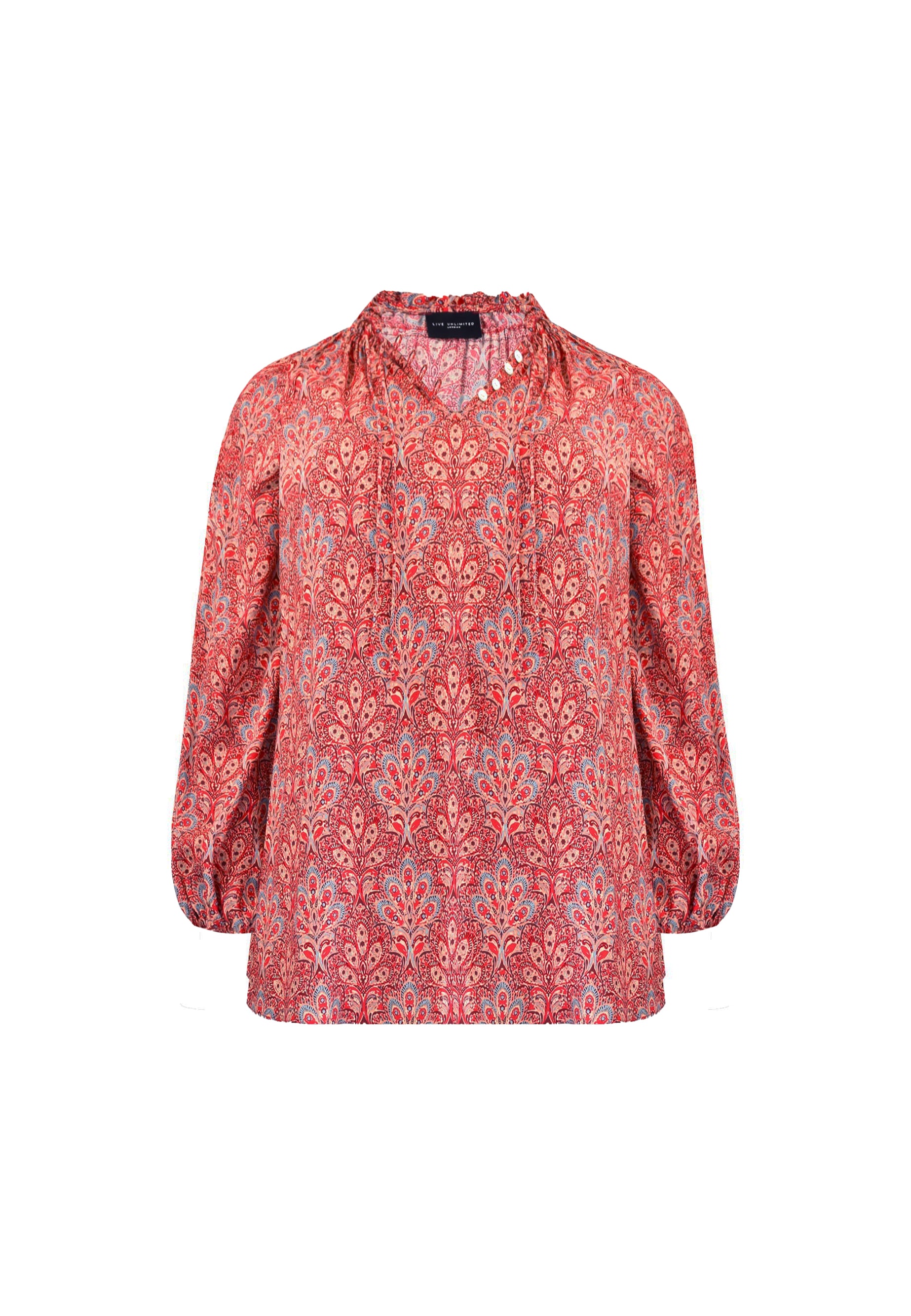 Red Paisley Print Shirred Neck Blouse