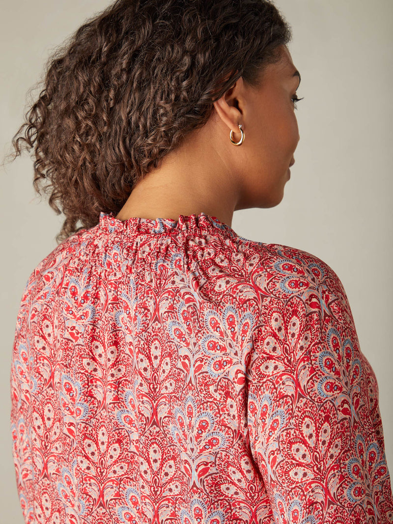 Red Paisley Print Shirred Neck Blouse