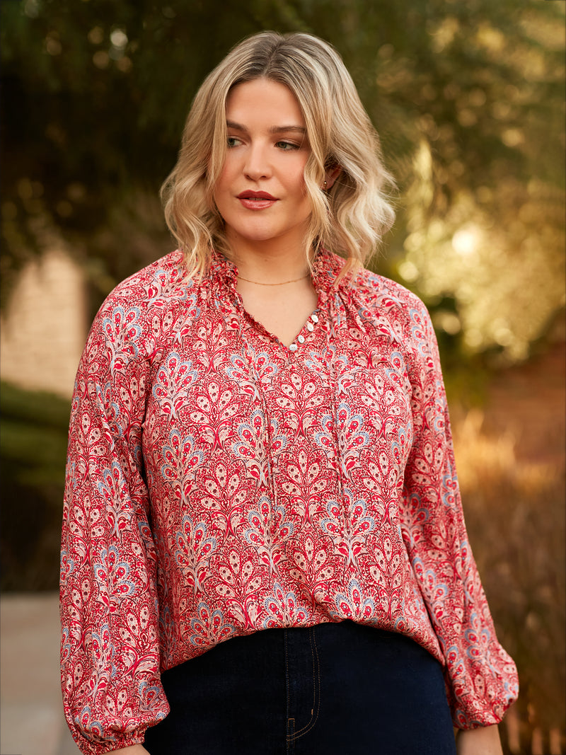 Red Paisley Print Shirred Neck Blouse