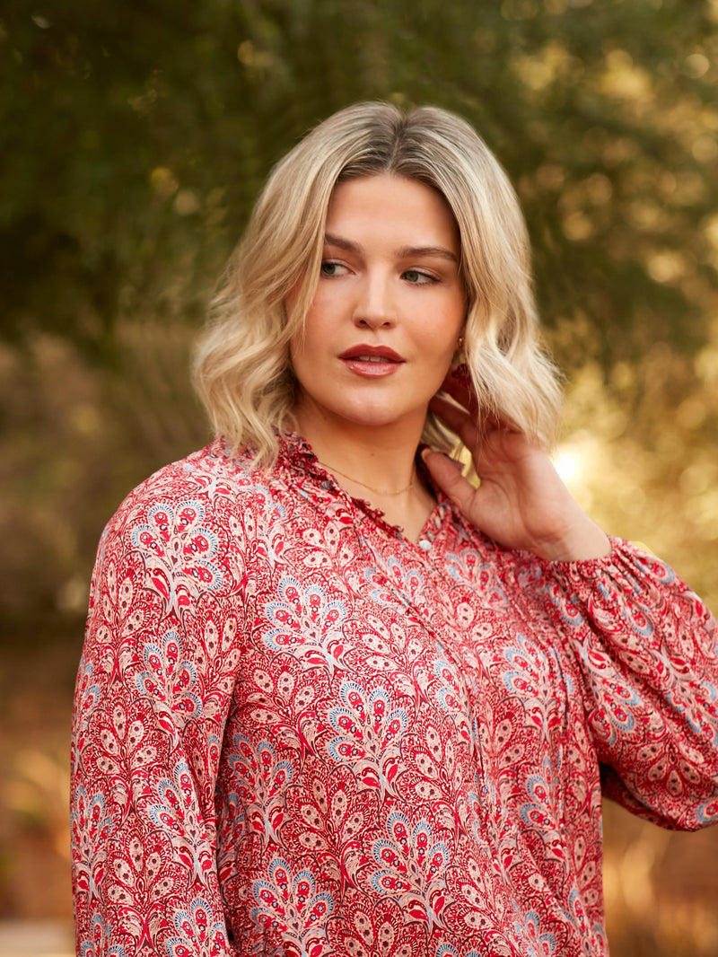 Red Paisley Print Shirred Neck Blouse