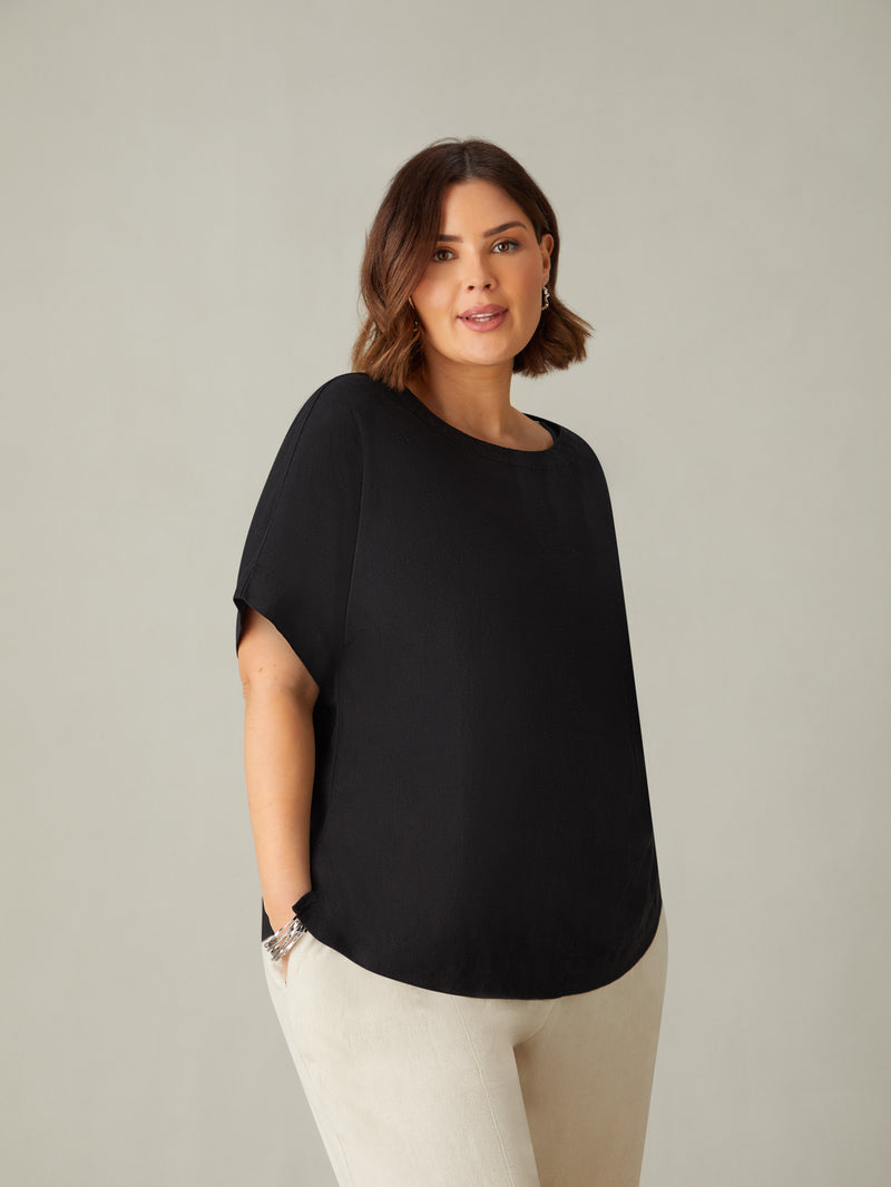 Black Linen Blend Round Neck Top