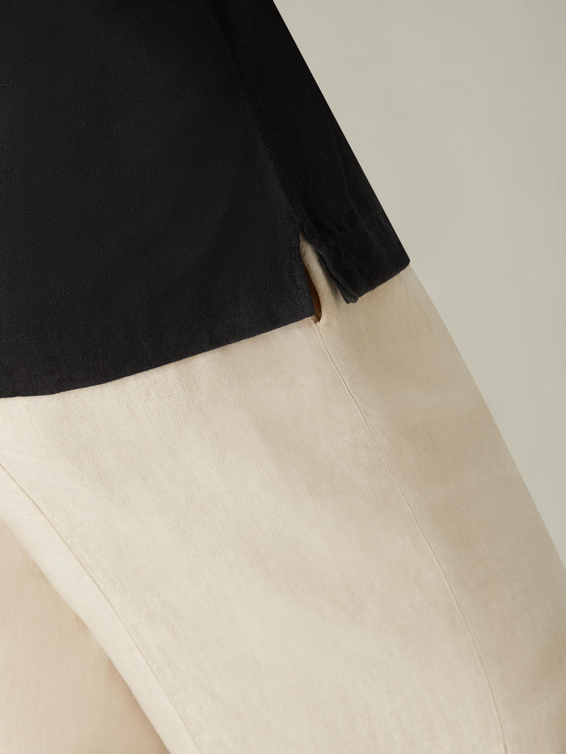 Black Linen Blend Round Neck Top