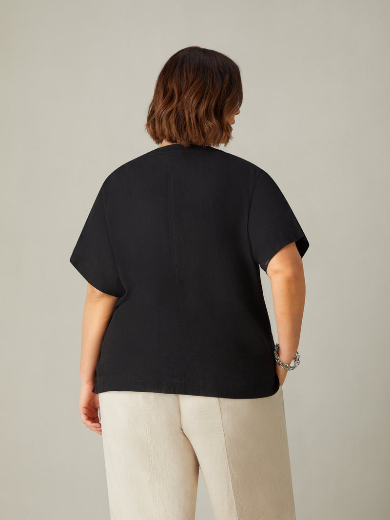 Black Linen Blend Round Neck Top