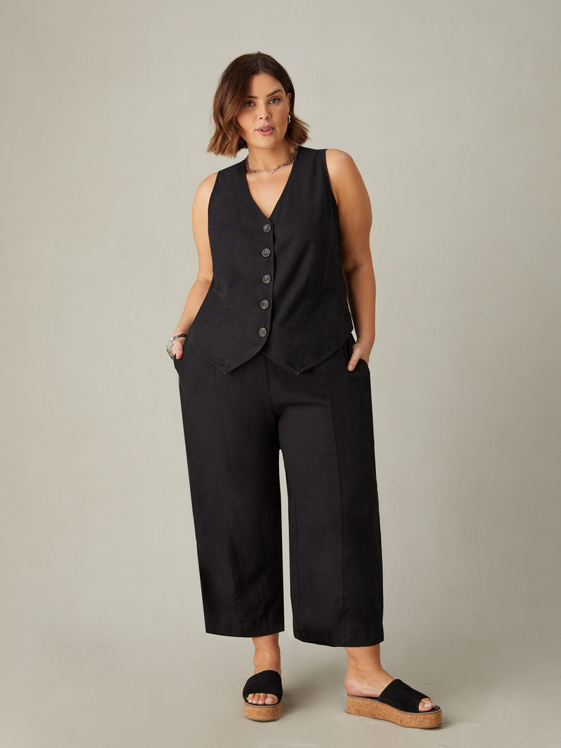 Black Linen Blend Wide Leg Cropped Trousers