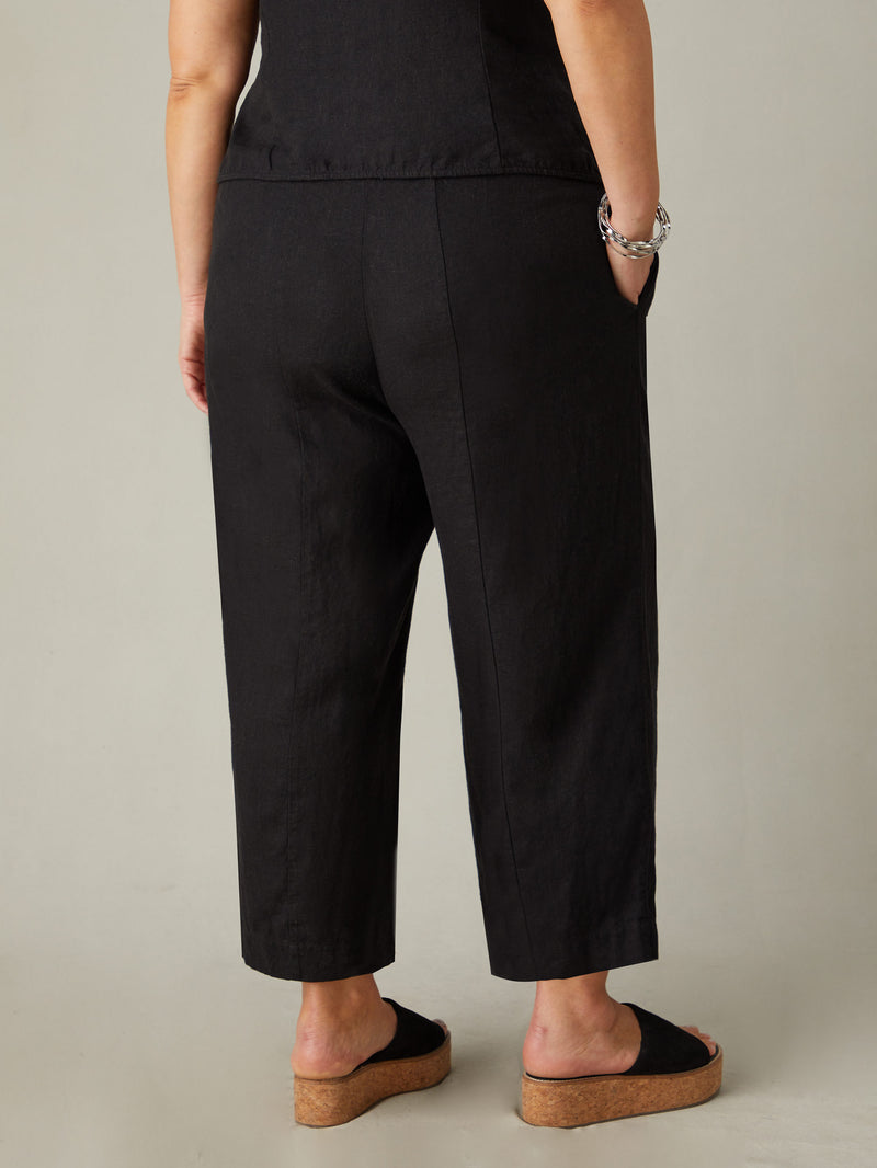 Black Linen Blend Wide Leg Cropped Trousers