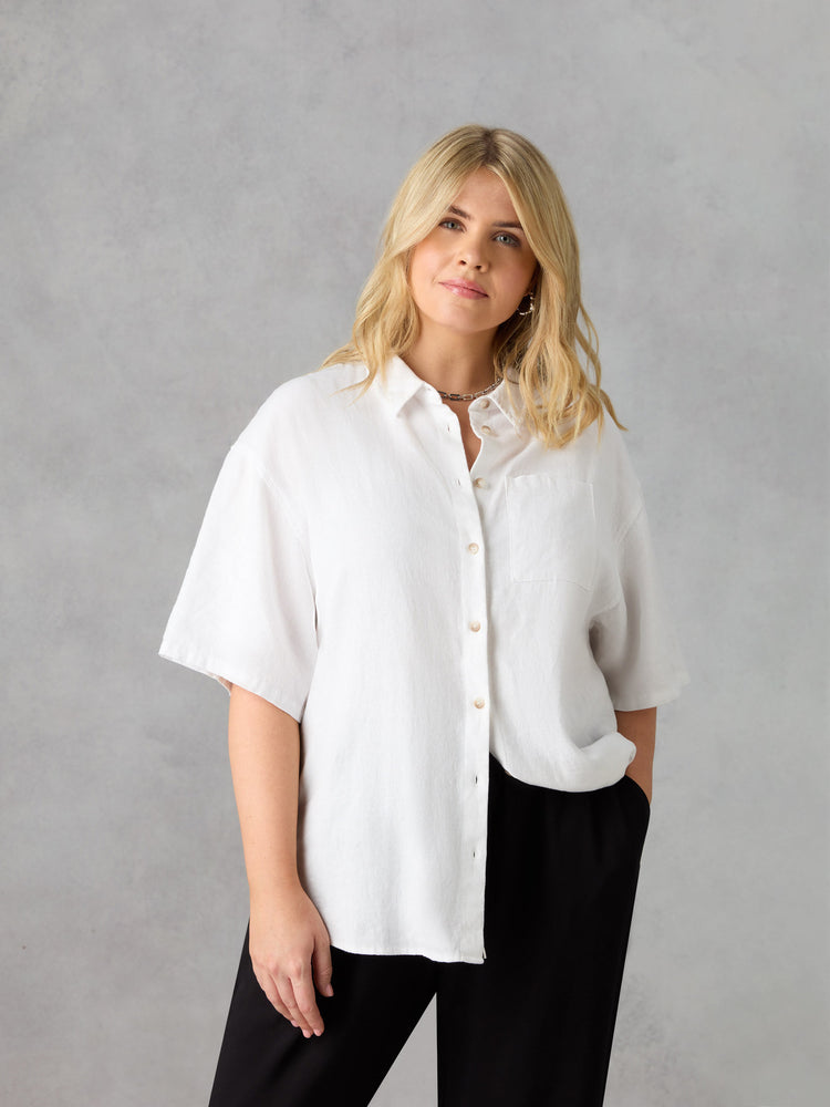 White Linen Mix Short Sleeve Shirt