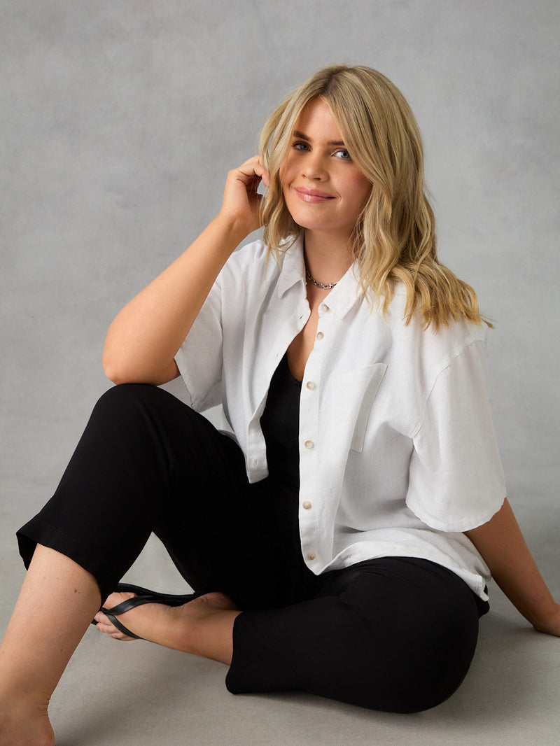 White Linen Mix Short Sleeve Shirt
