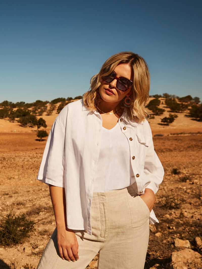 White Linen Mix Short Sleeve Shirt