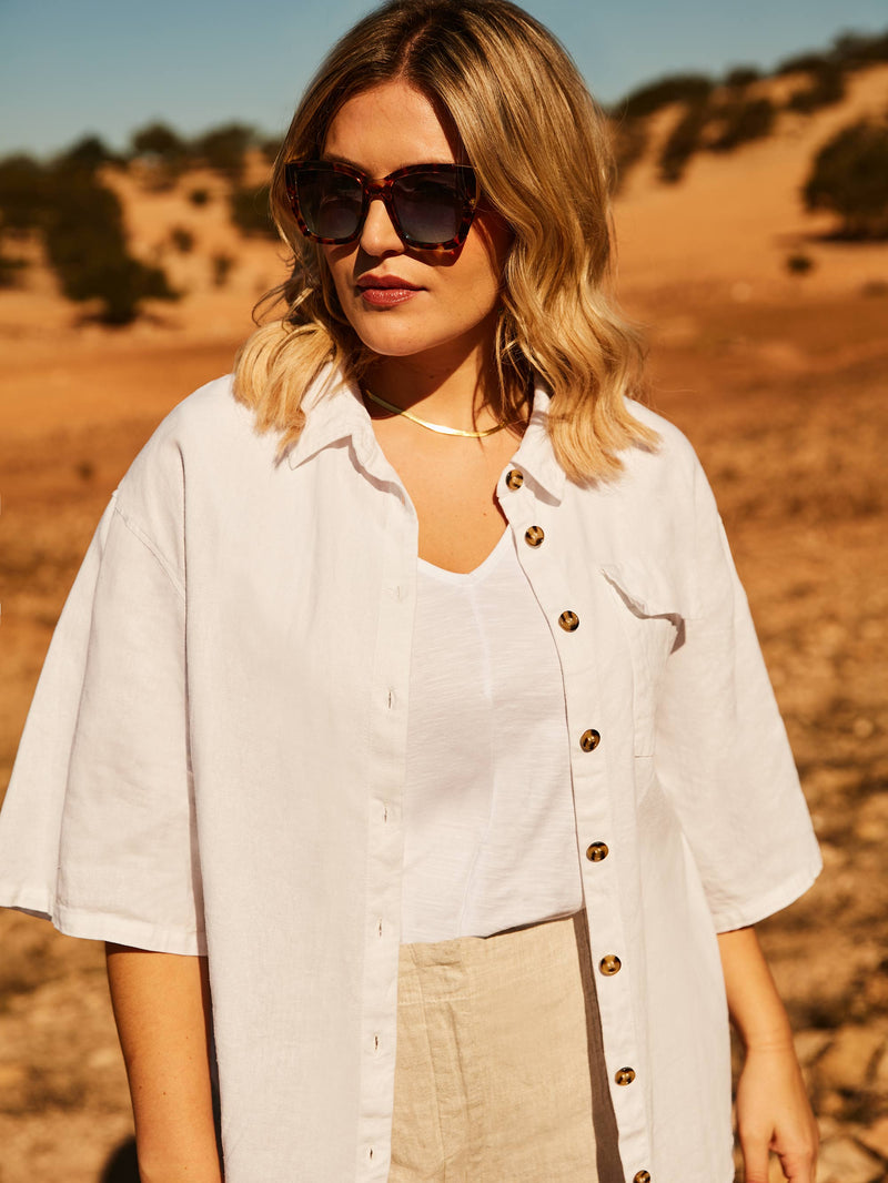 White Linen Mix Short Sleeve Shirt
