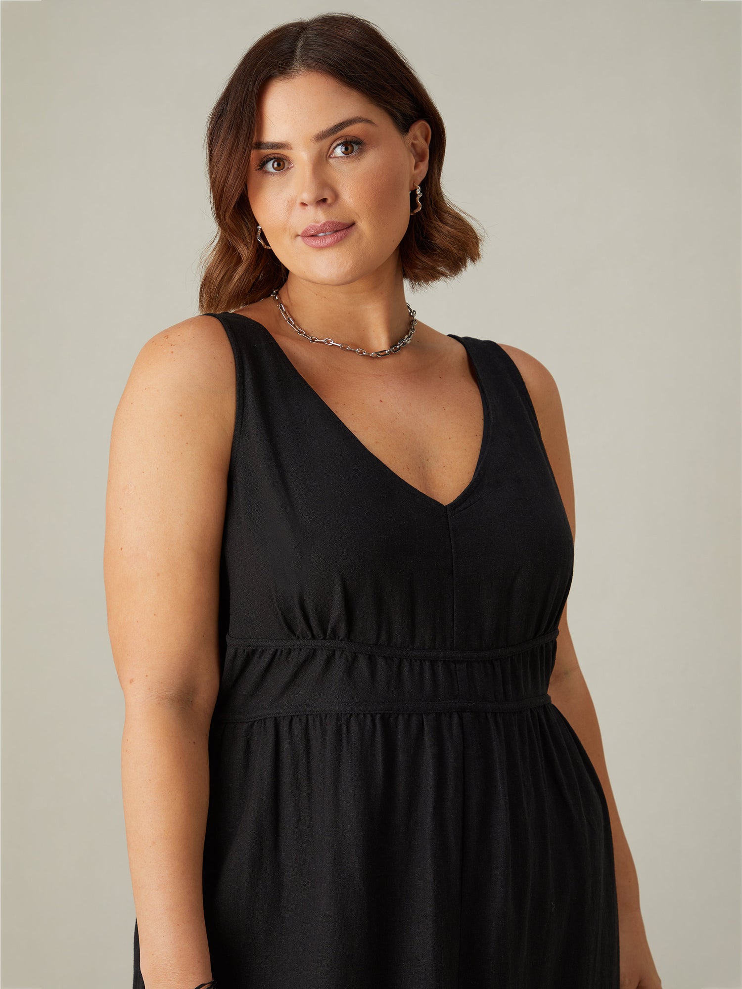 Black Linen Blend V-Neck Midi Dress