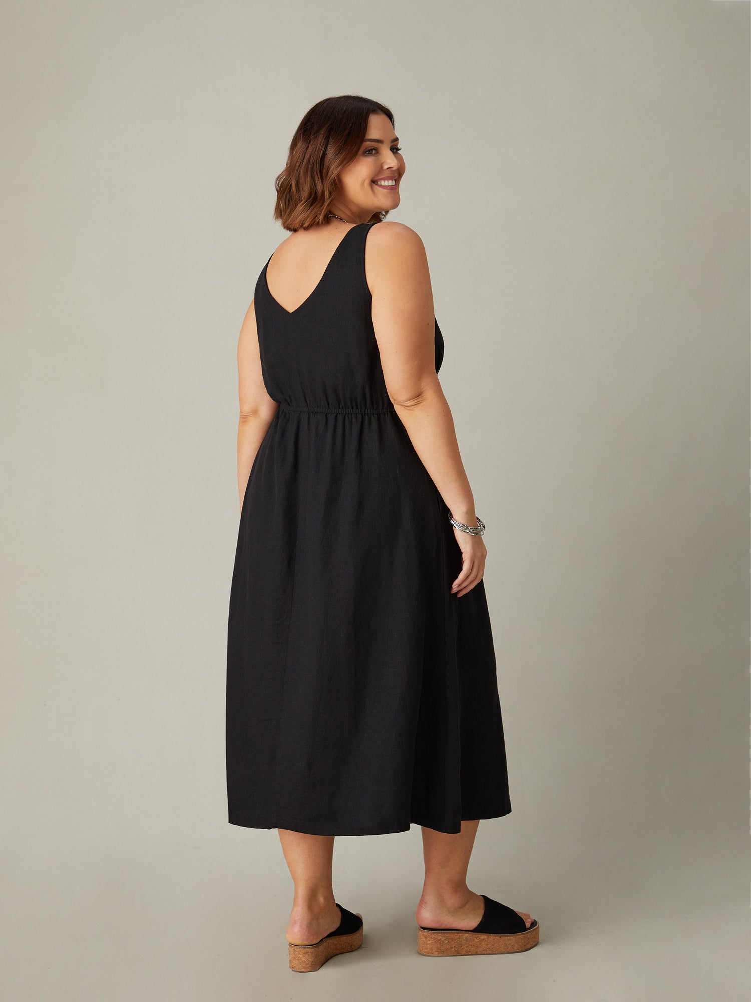 Black Linen Blend V-Neck Midi Dress