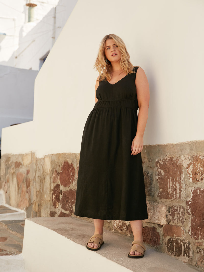 Black Linen Blend V-Neck Midi Dress
