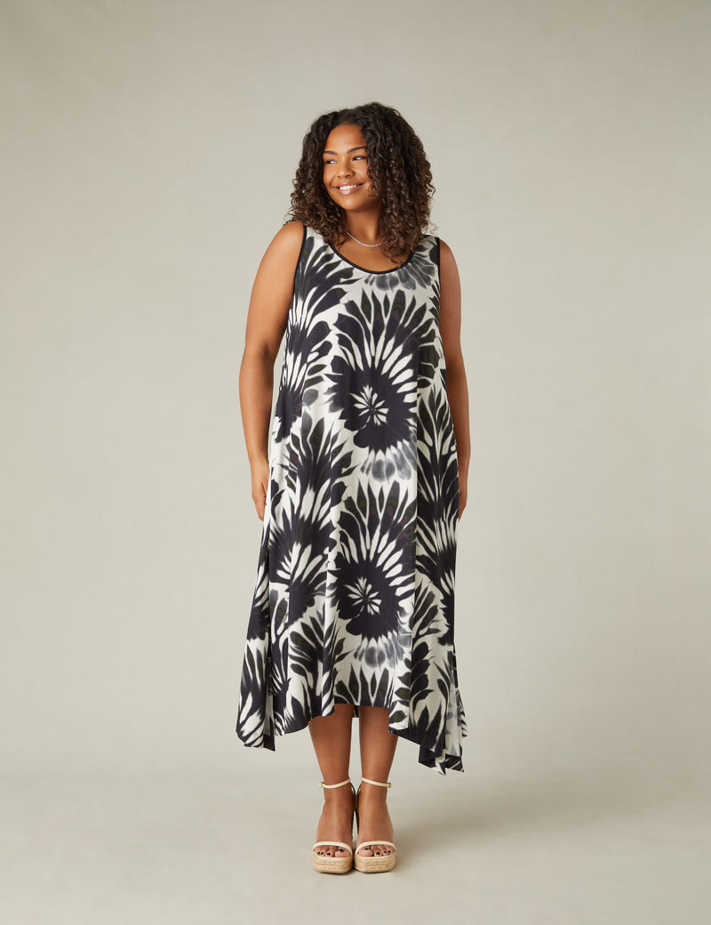 Mono Leaf Print Hanky Hem Dress
