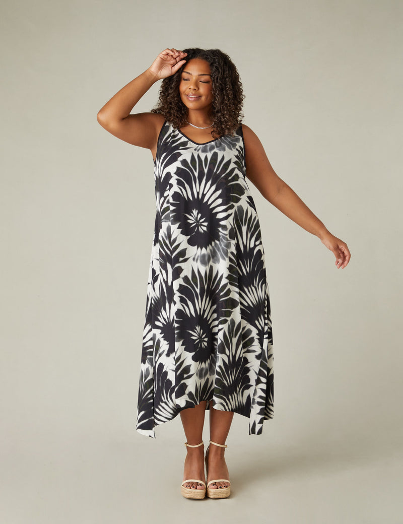 Mono Leaf Print Hanky Hem Dress