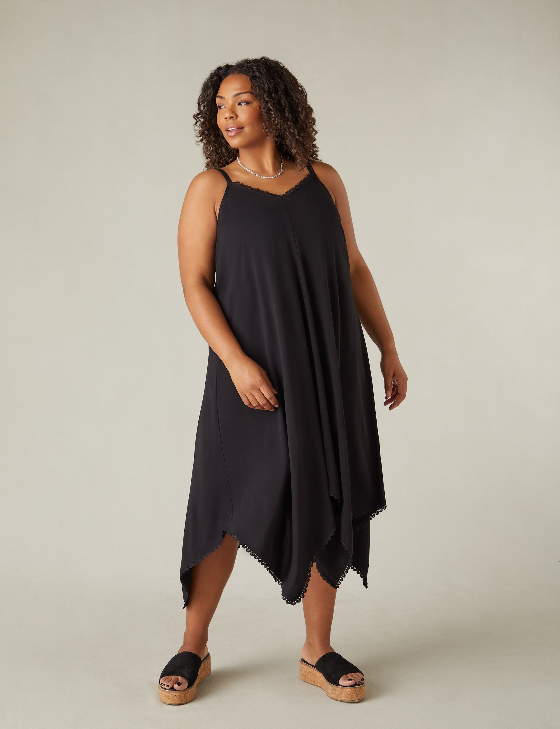 hanky dress lady AE V-Neck Lace Inset Hanky Hem Midi Dress