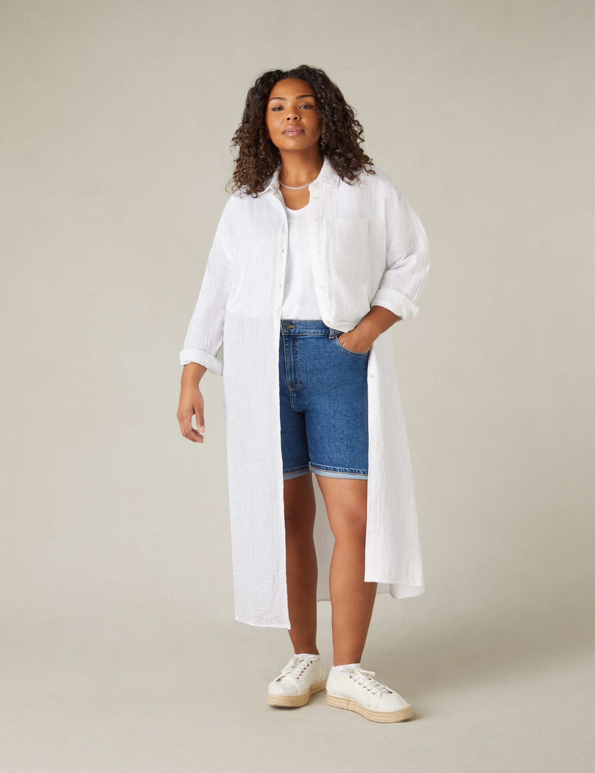 White Cotton Textured Maxi Shirt