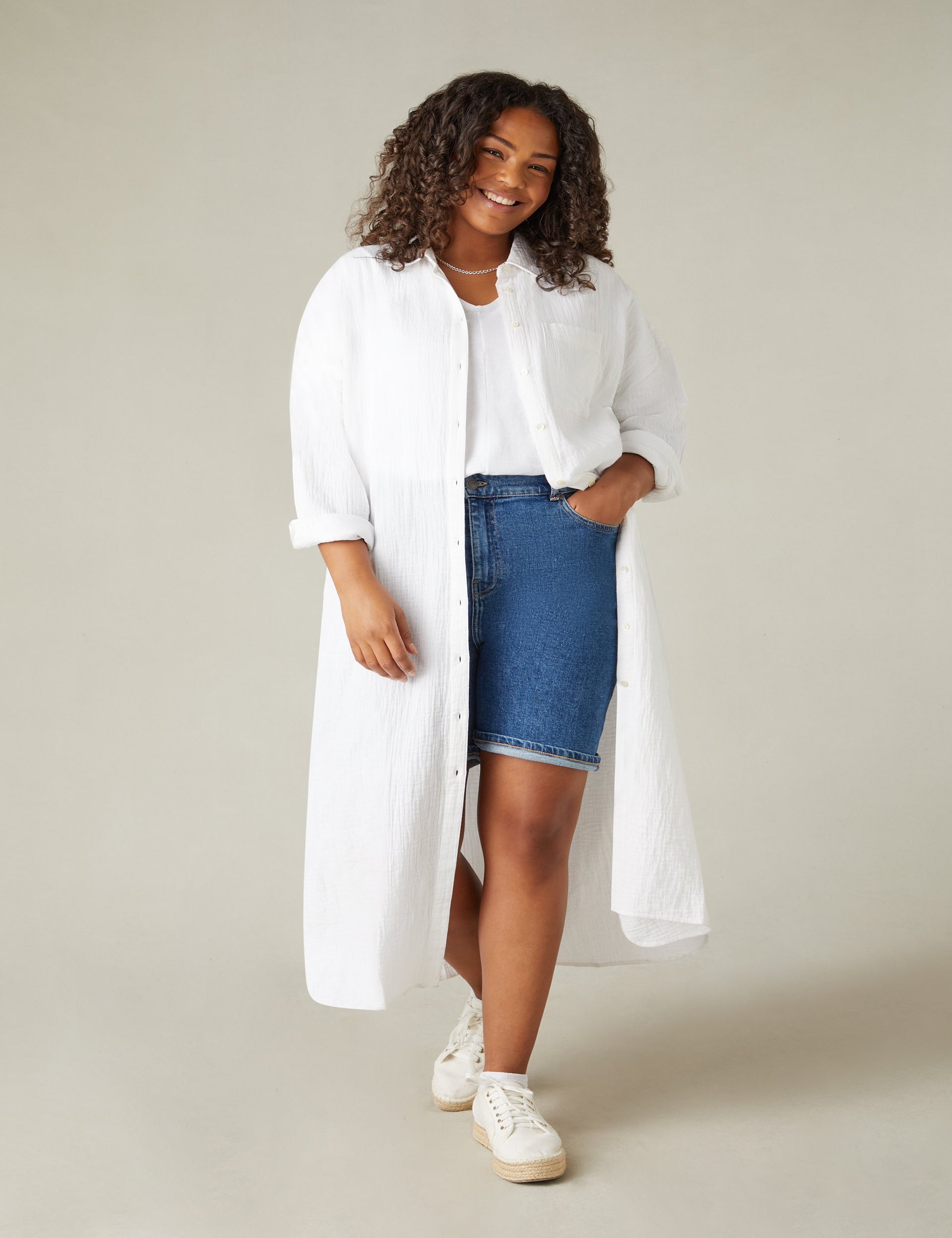 White Cotton Textured Maxi Shirt