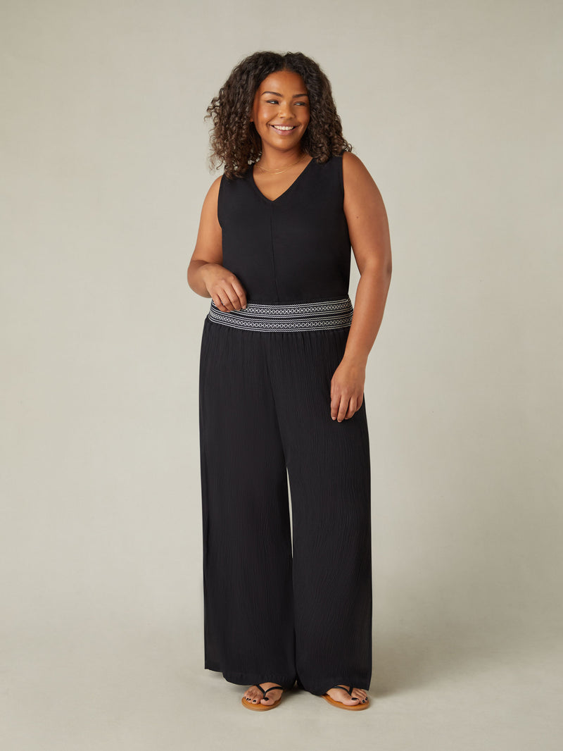 Black Shirred Waist Wide Leg Trousers