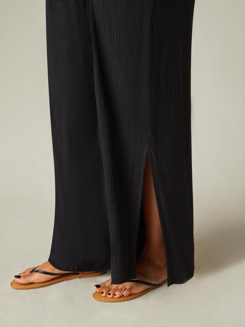 Black Shirred Waist Wide Leg Trousers