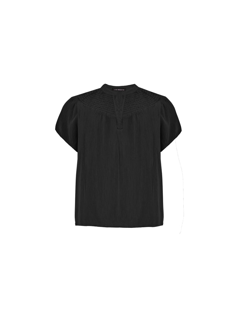 Black Crinkle Shirred Shoulder Top