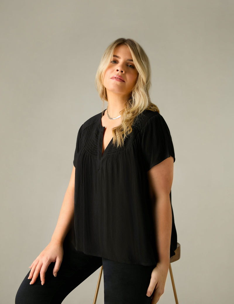 Black Crinkle Shirred Shoulder Top