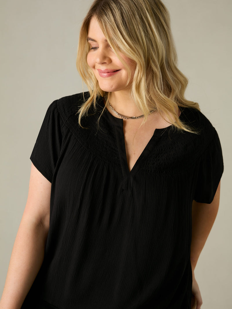 Black Crinkle Shirred Shoulder Top